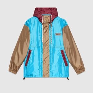 size 50 L Gucci Hooded Block Jacket Windbreaker Blue Beige